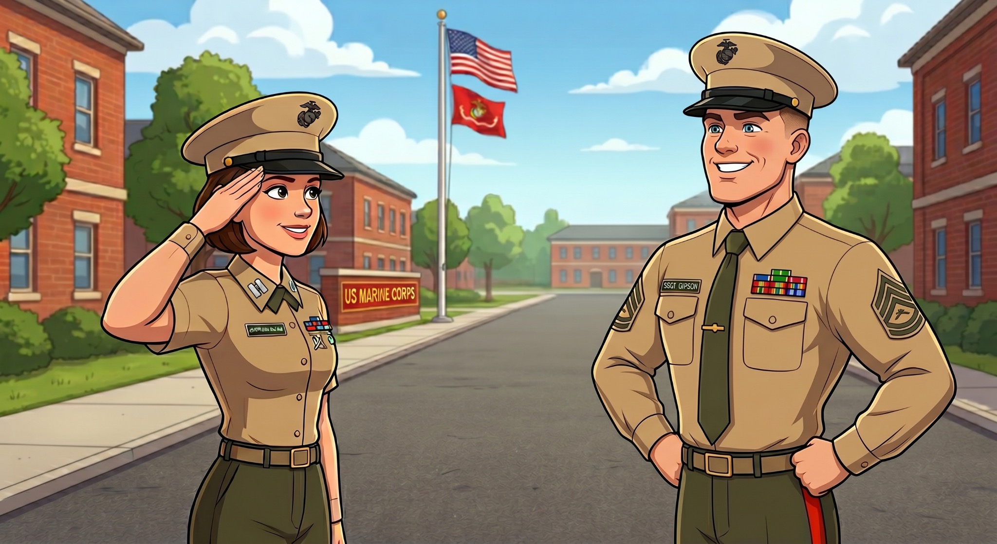 Cartoon-style illustration of two Marines in uniform at a Marine Corps installation, with one Marine saluting and another smiling.